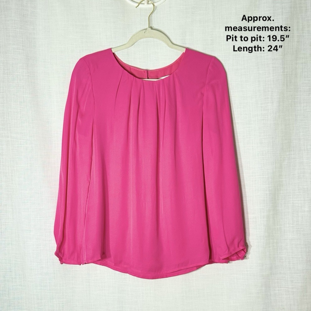 J.Crew Silk Blouse Hot Pink Pleated Long Sleeve Back Keyhole 10 Feminine Classic